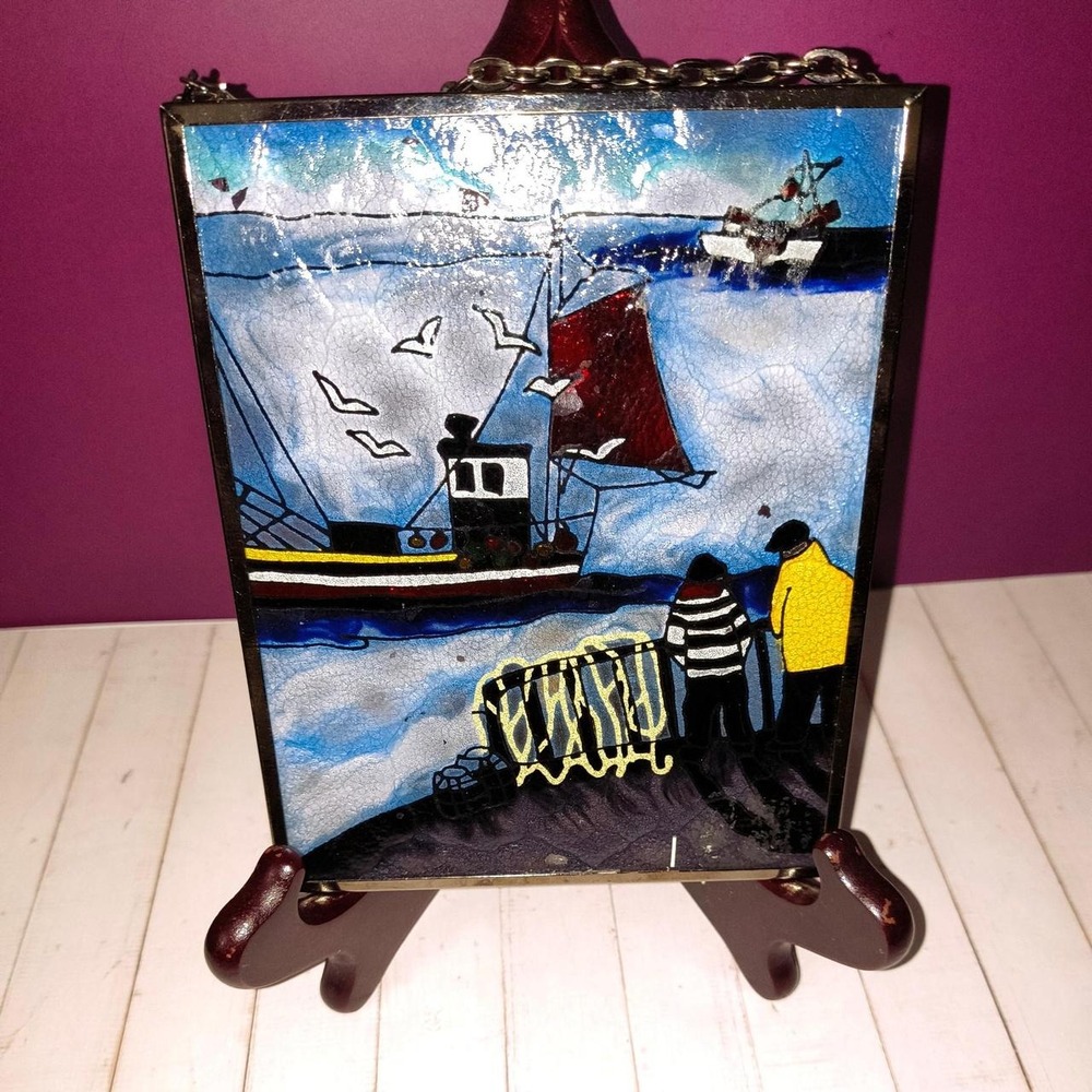 Stained Glass Art Panel Fishing Boat Seagulls Pier Nautical Decor Suncatcher